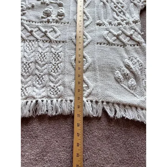 Vintage M Cableknit Sweater Coastal 90’s Cotton Bobble Fringe Cottage Fisherman - Picture 3 of 5